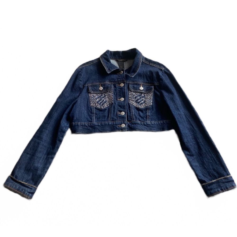 ROCAWEAR JEAN JACKET SPARKLES BEDAZZLED RHINESTONE POCKETS CROPPED SIZE L